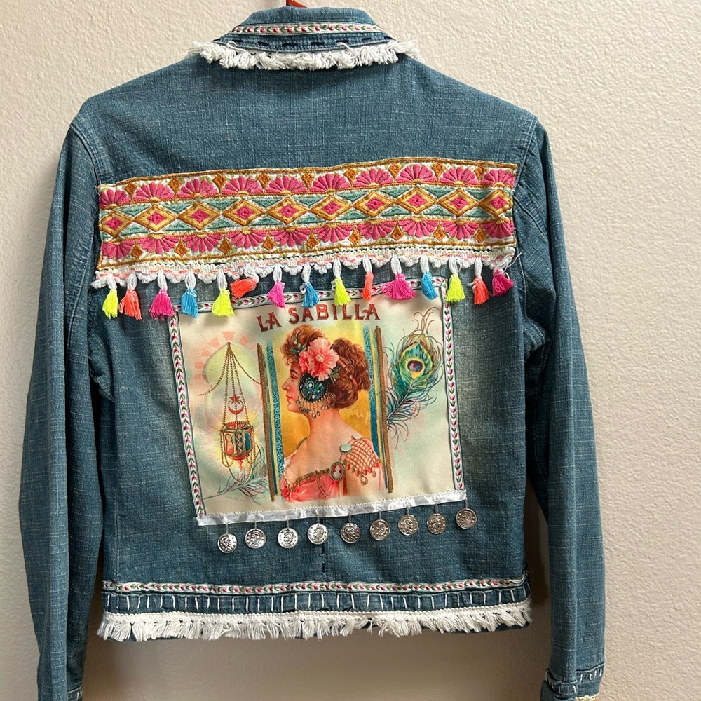 Zana Di Vintage Y2K Boho Embroidered Fringe Denim Jacket La Sabilla Artwork Sz M